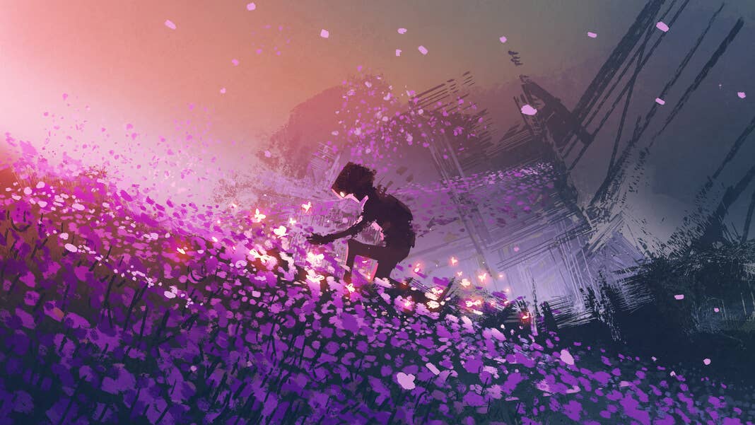 person in field glowing butterflies