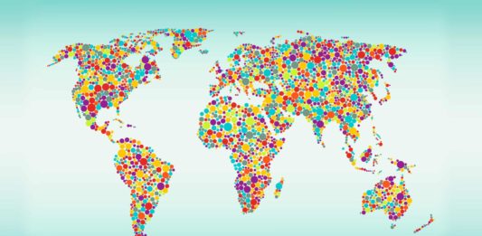 World map in multicolored dots