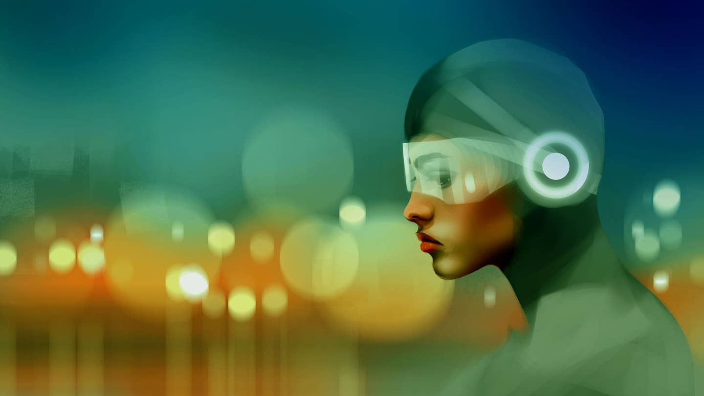 virtual reality woman in futuristic suit