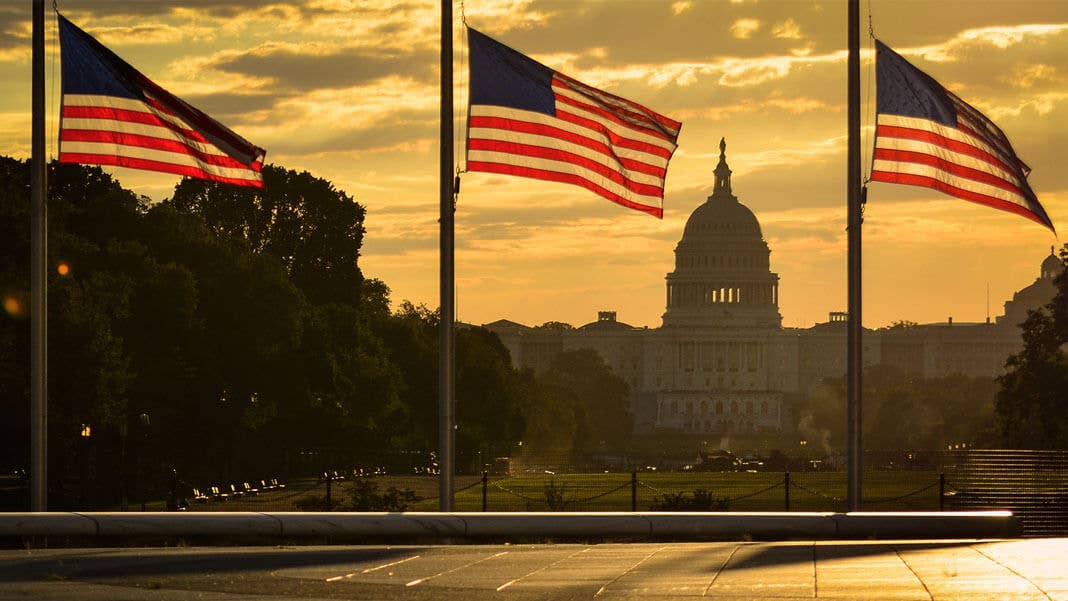 national flags in front capitol building USA