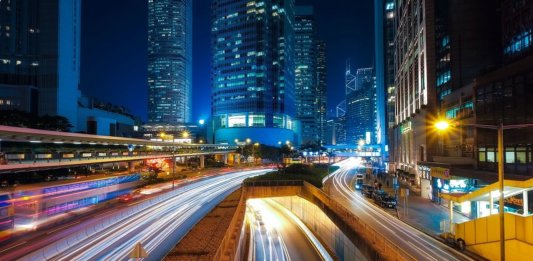 nighttime street scene hong kong smart roads