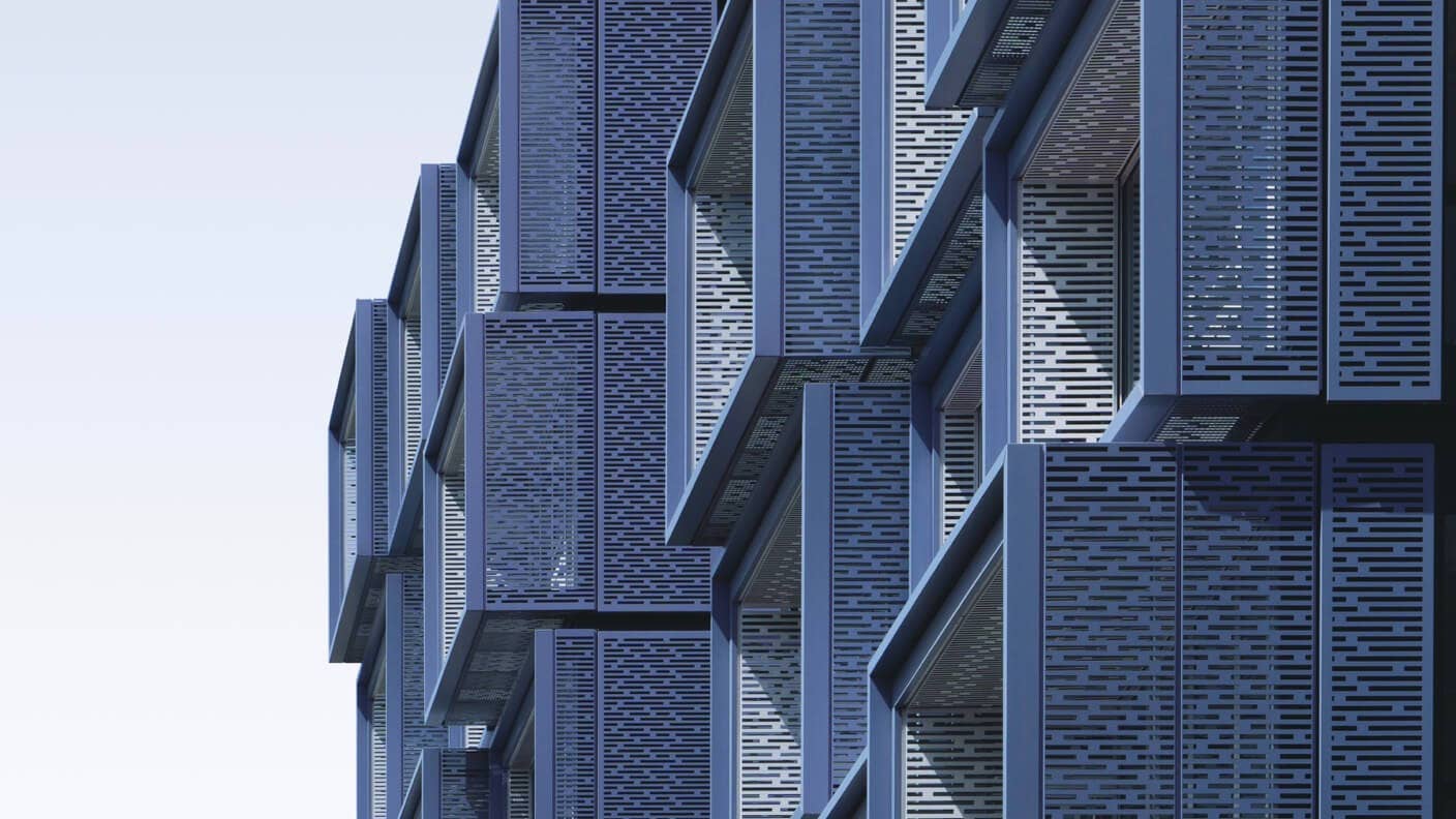 tech stories blue boxes architecture blue sky