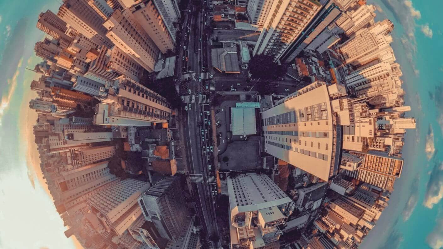 covid-19 resilience fisheye city skyline sky blue clouds