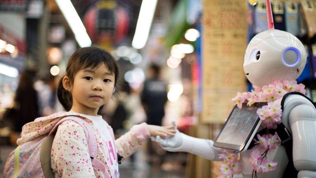 robot and child in market