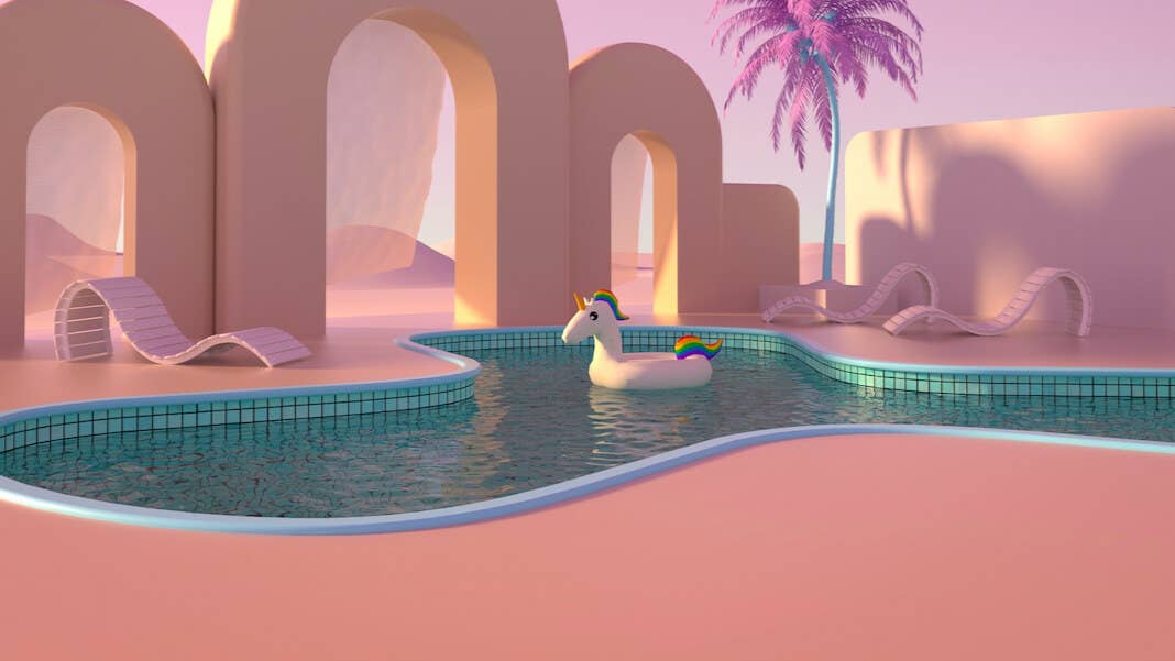 nft cryptocurrency art beeple pink palm tree pool rainbow unicorn