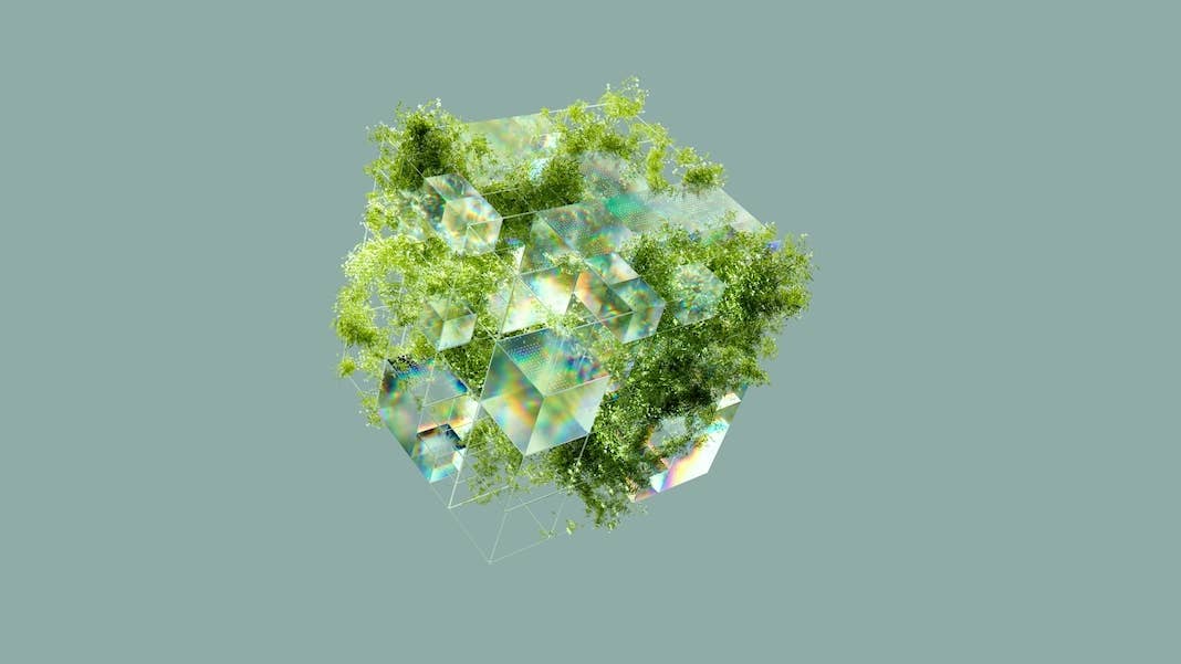 tech stories ai sustainability clear cube growing plants surface grey background