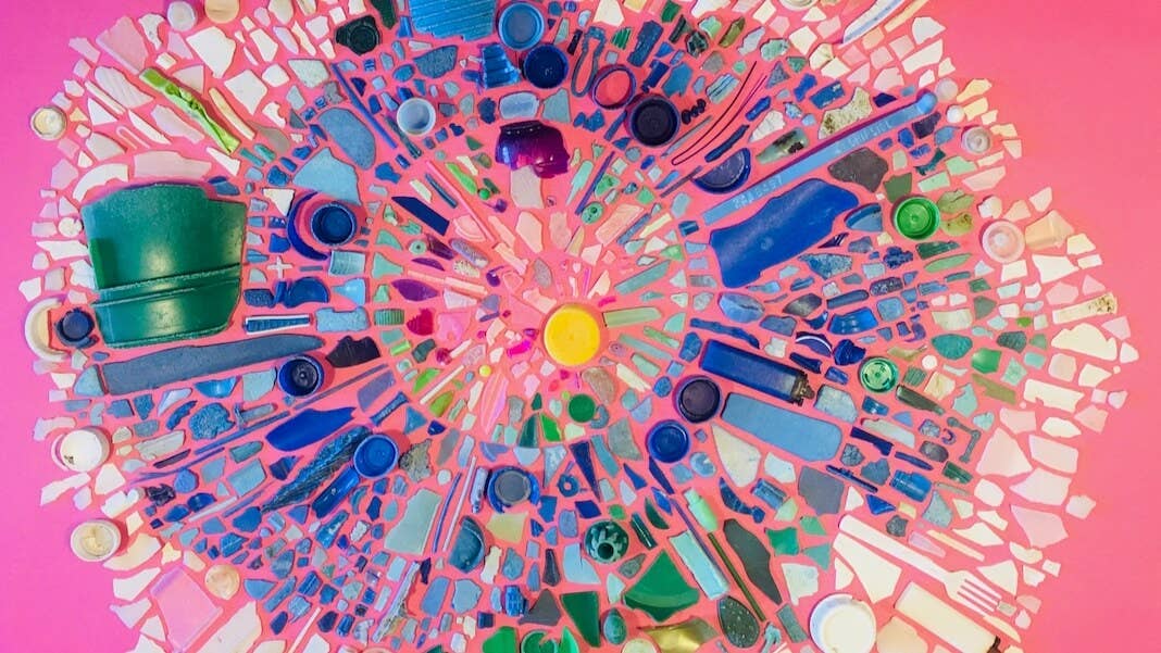 synthetic biology chemistry plastic recycling mixed plastic mandala pink background