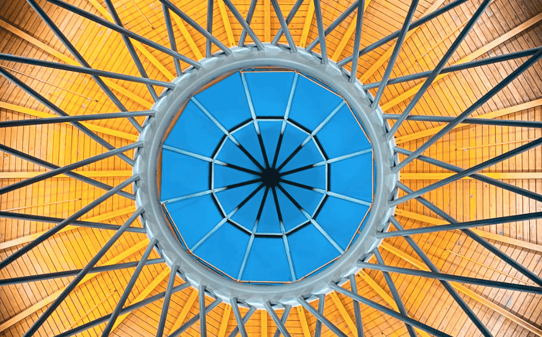 tech stories architectural ceiling wood beams circular blue center