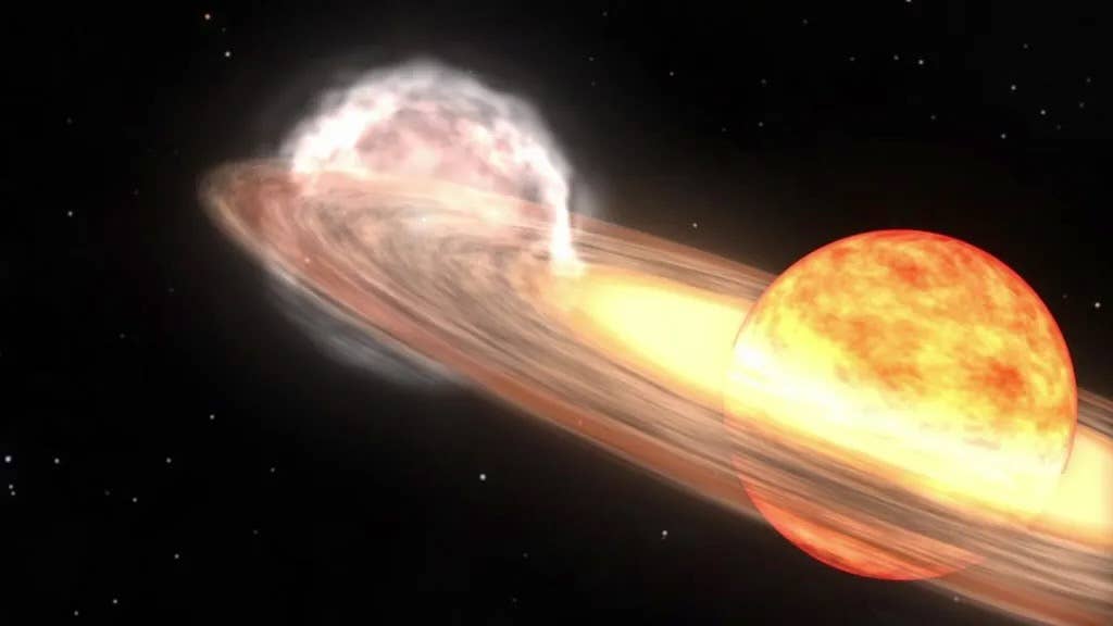 A depiction of how a red giant and white dwarf combine to form a nova.