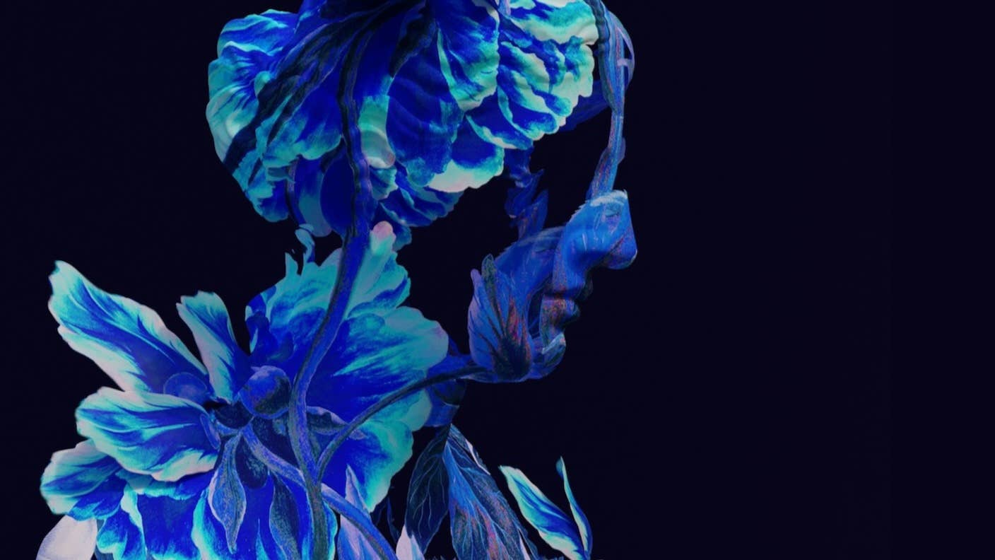 A digital render of a person in profile made of blue foliage.