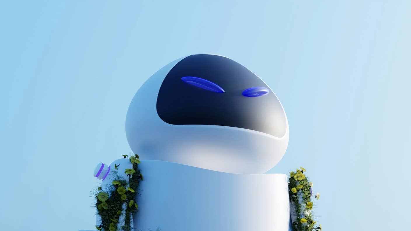 A robot or AI agent in a field with blue sky