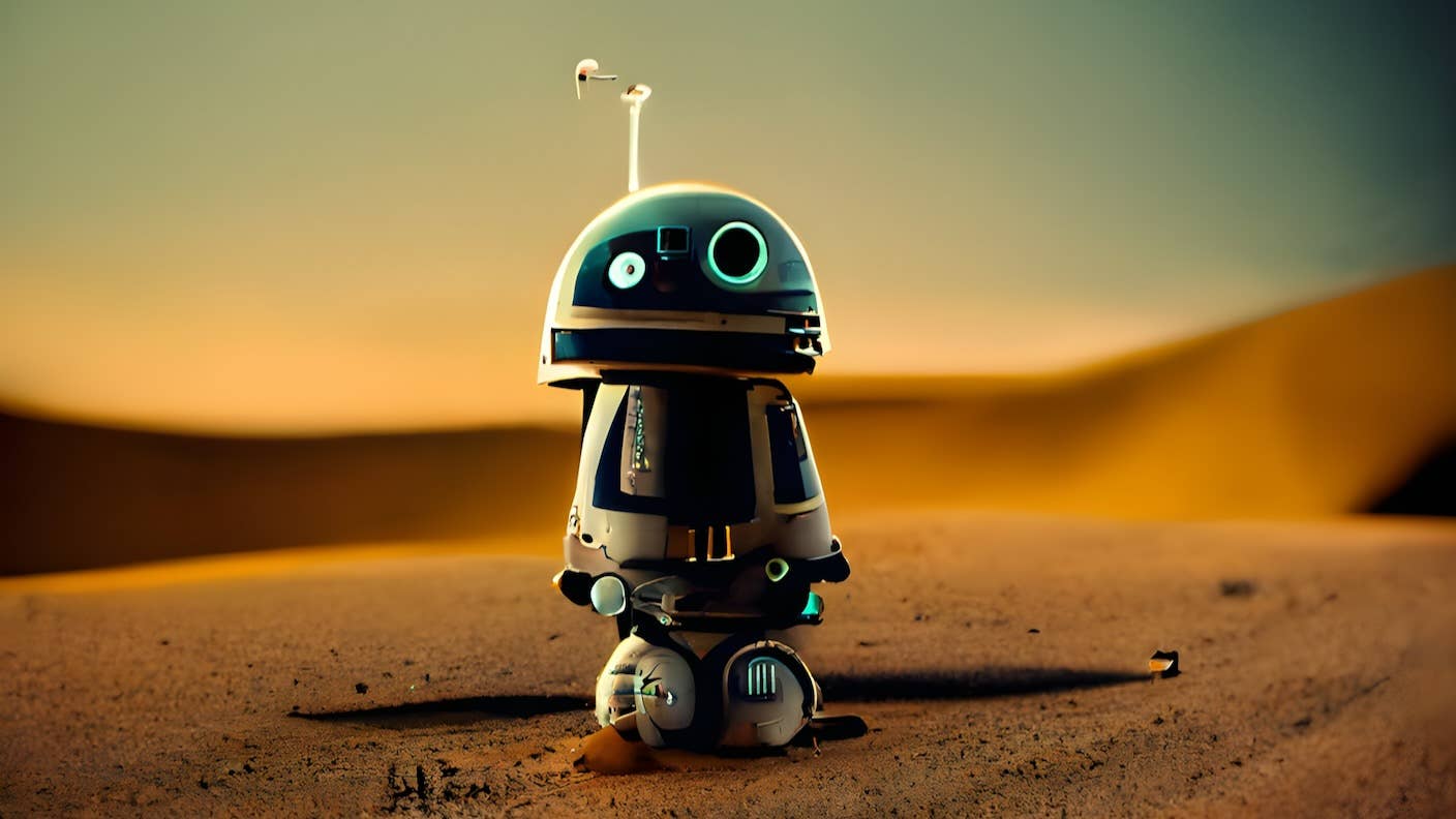 A lonely robot in a desert landscape