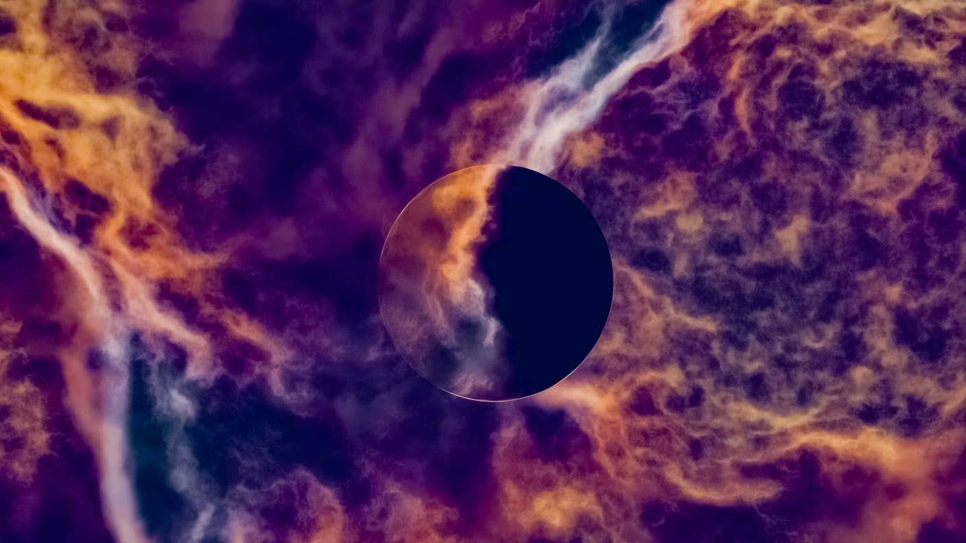 A digital design that looks like a black hole in a nebula.