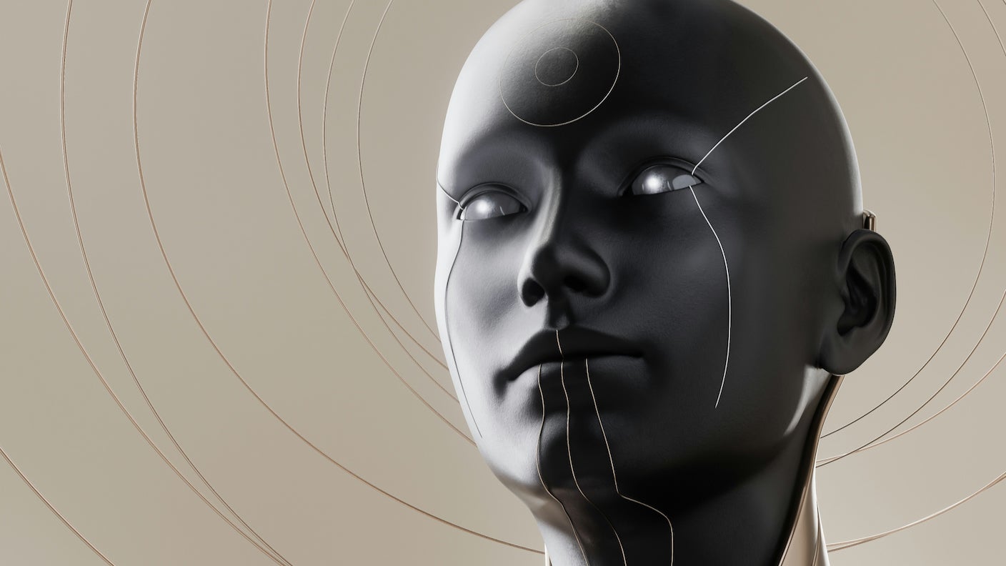 A digital human with glowing eyes and geometric designs