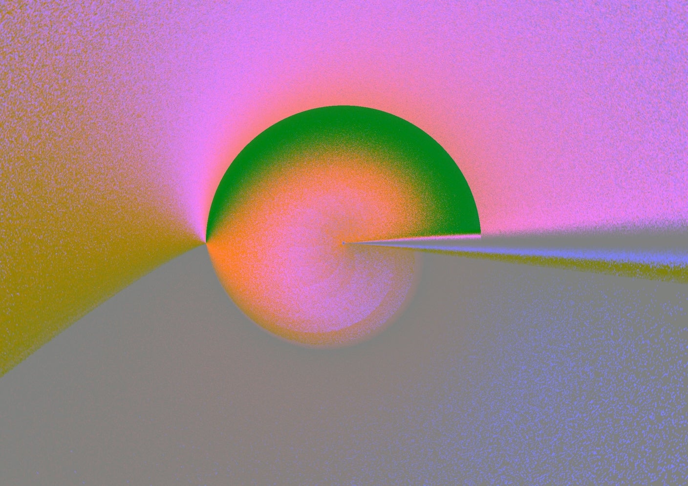 A fuzzy digital image of a sunlike design on the horizon