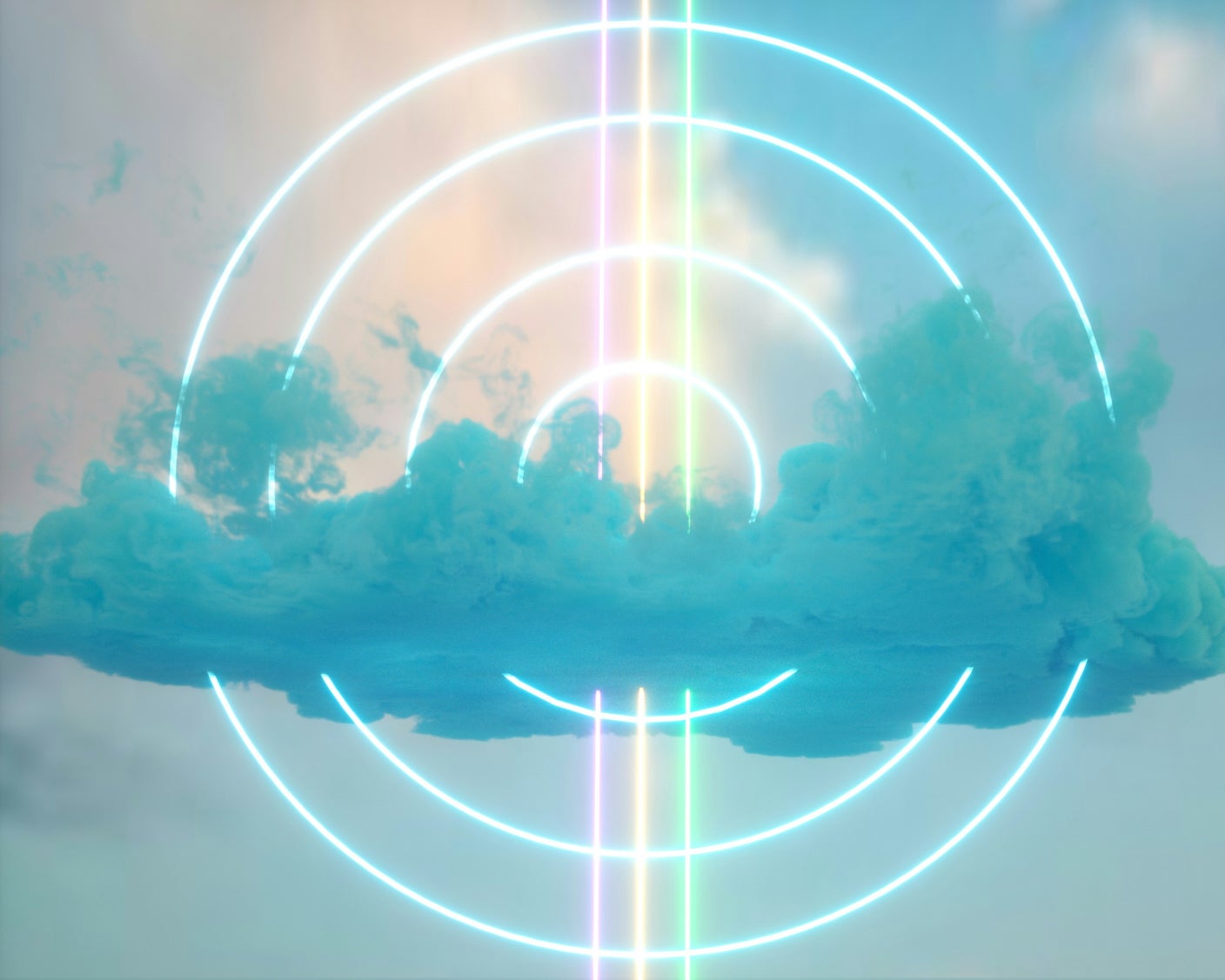 Clouds and sky with glowing digital concentric circles and bisecting lines