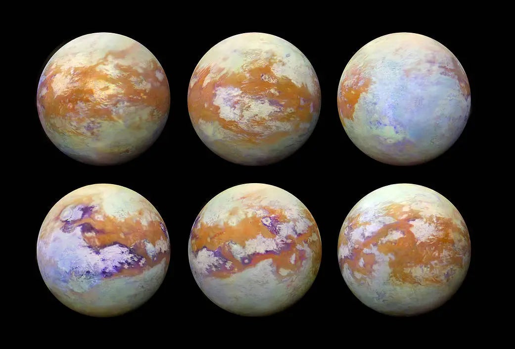 Six infrared images of Saturn's moon Titan taken by NASA's Cassini