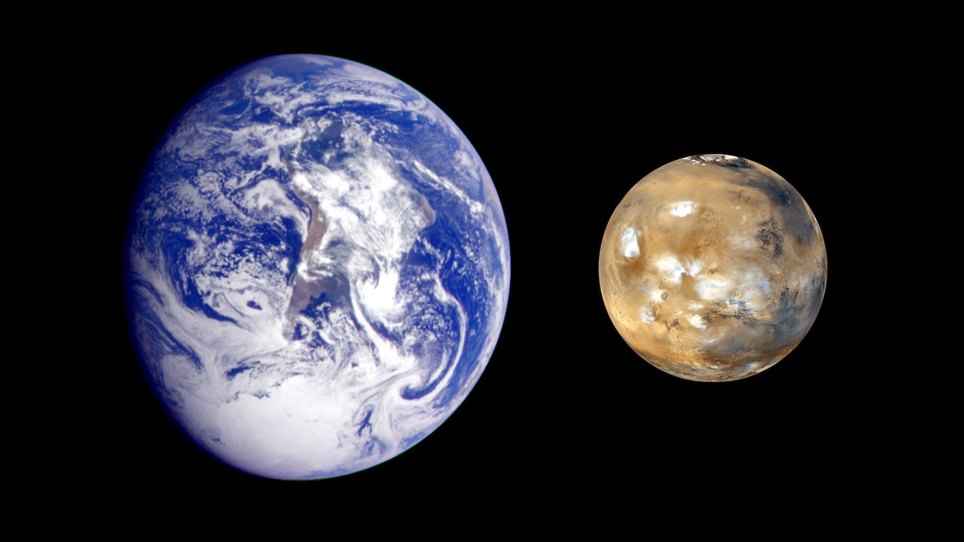 A composite image of Earth and Mars side by side