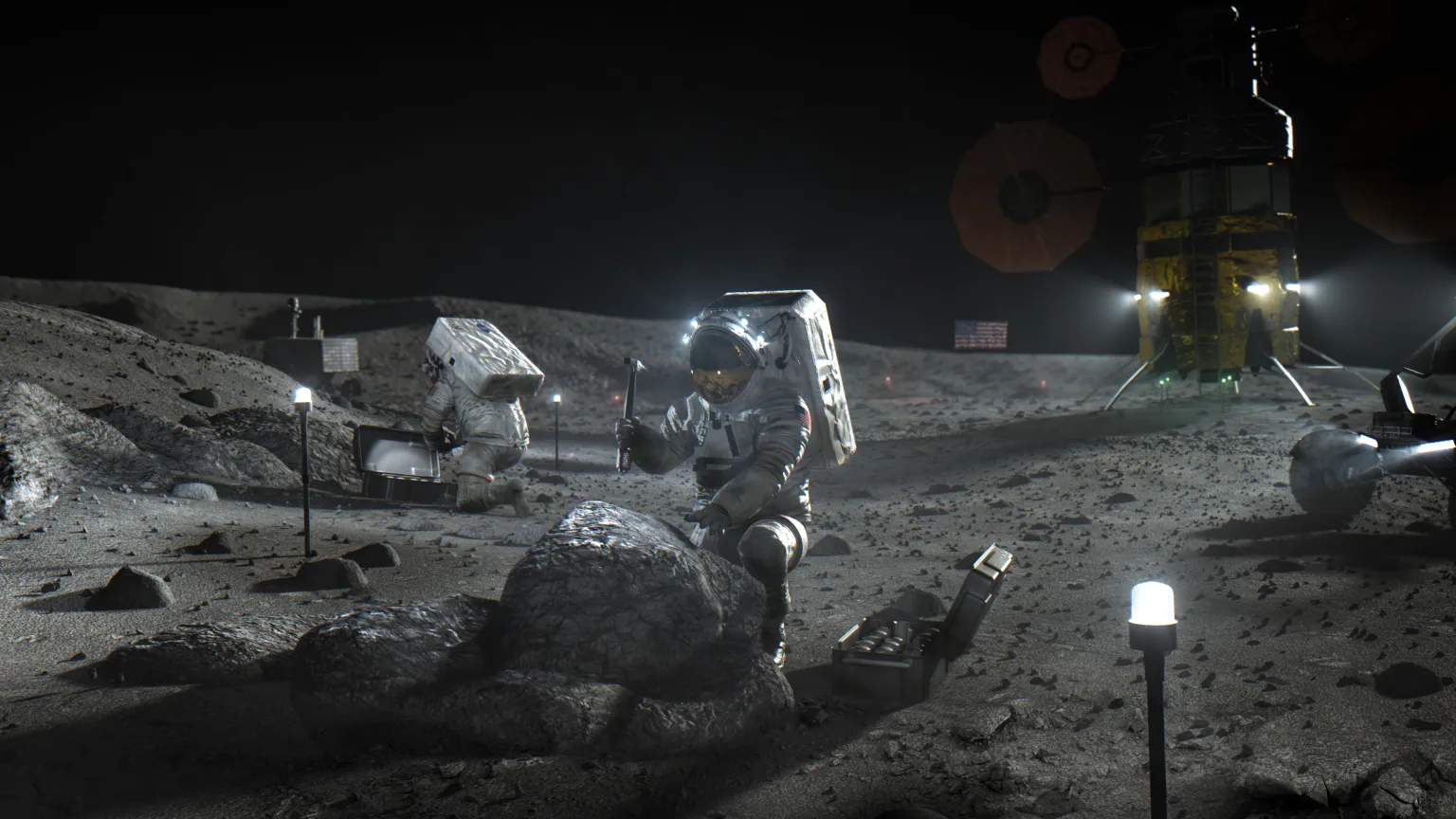 Astronauts on NASA's Artemis III mission work on the moon's surface with lunar lander in the background.
