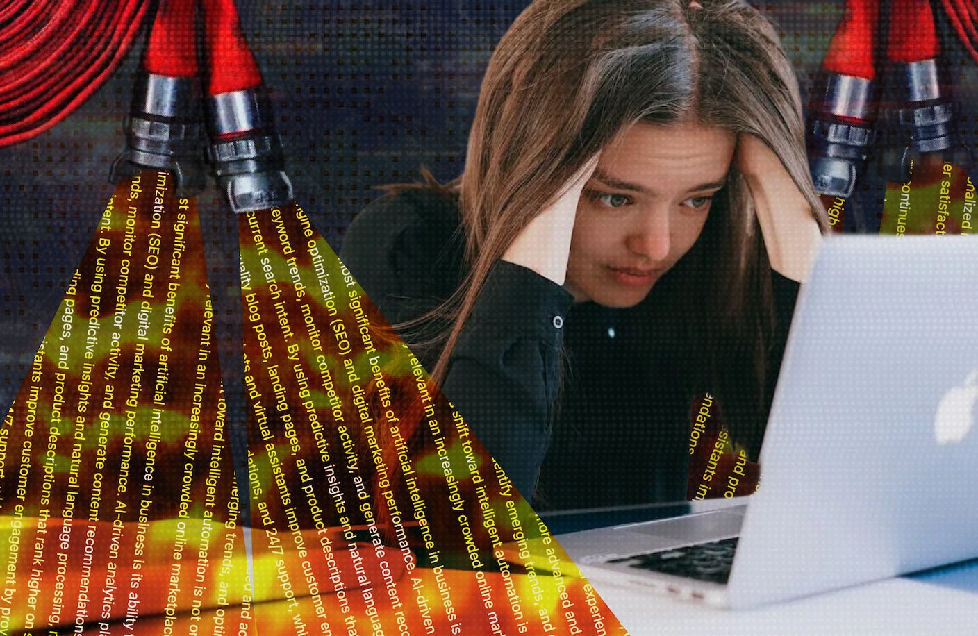 A collage of a female office worker seated at a desk surrounded by stacks of paperwork while multiple firehoses spray streams of fiery liquid around her.