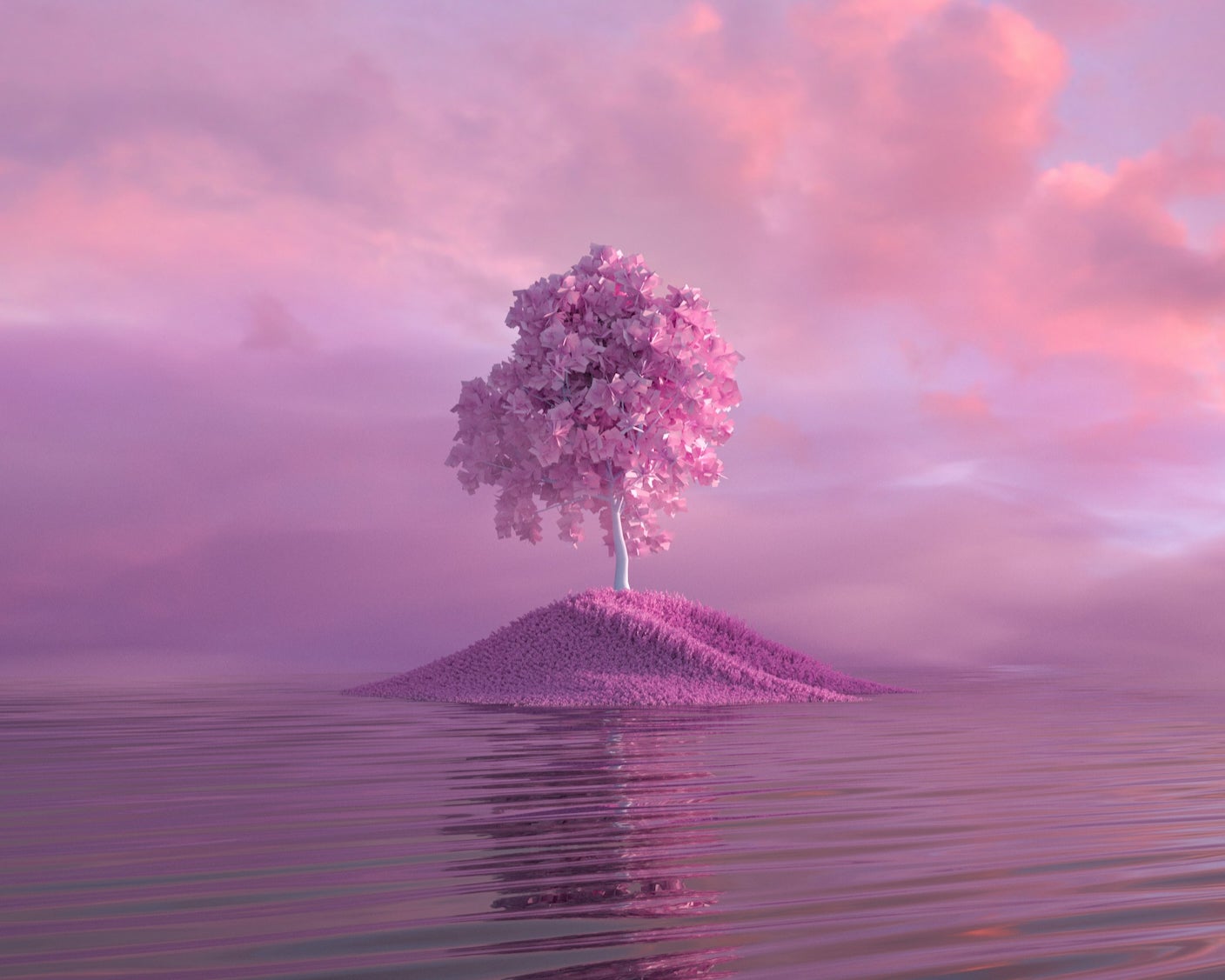 A dreamlike pink tree stands on an island in still water