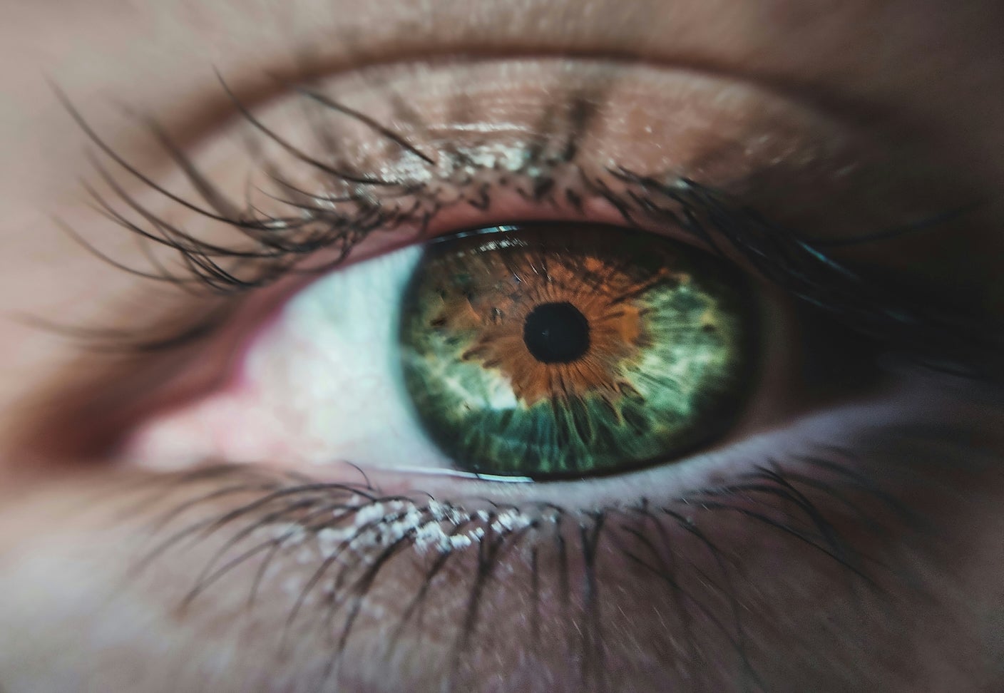 A close up photo of a colorful eye—green, brown, and black.