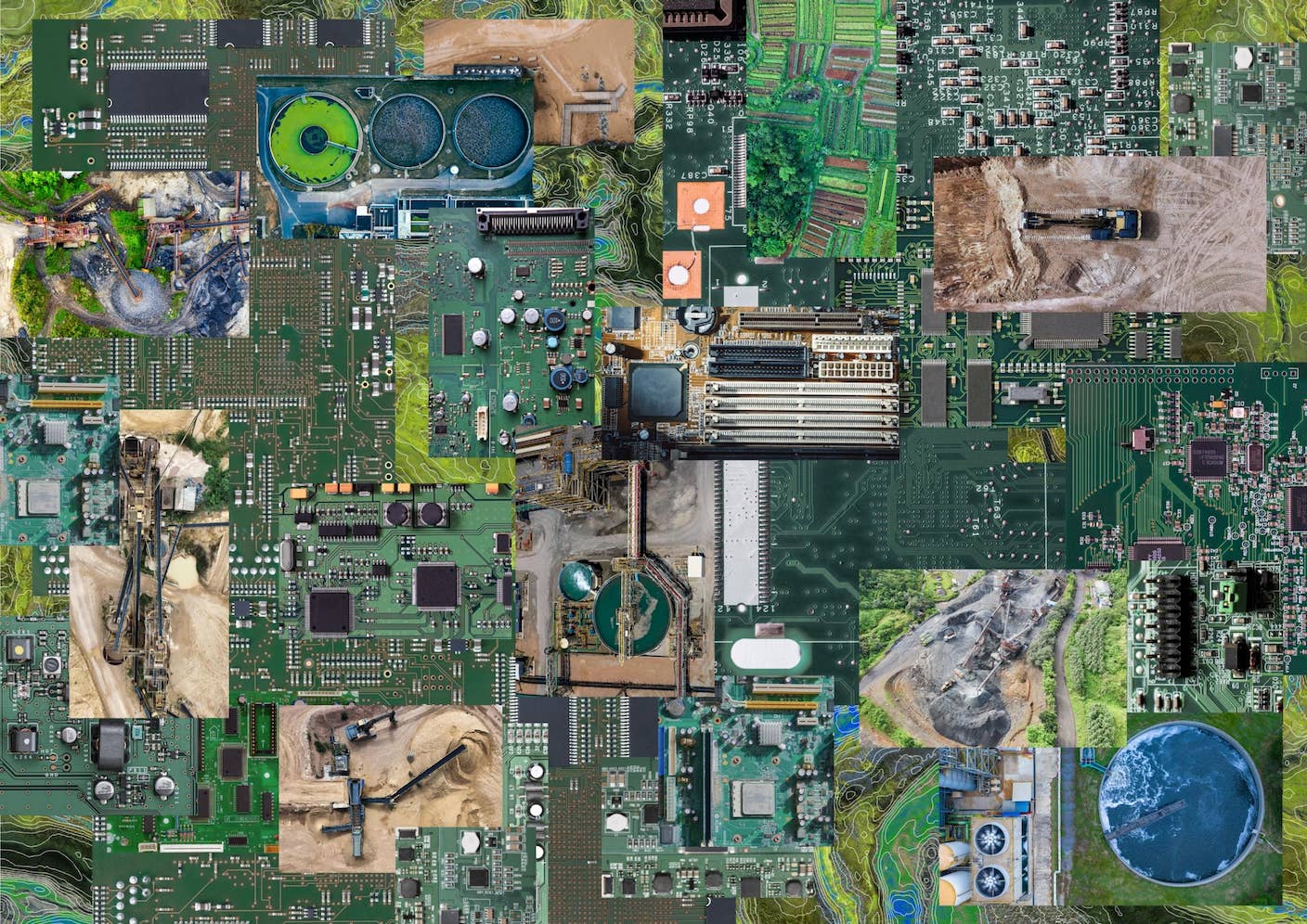 How to Tame AI’s Voracious Appetite for Energy A collage of circuit boards interwoven with aerial photographs of water treatment facilities, agricultural lands, industrial sites and mining machinery.