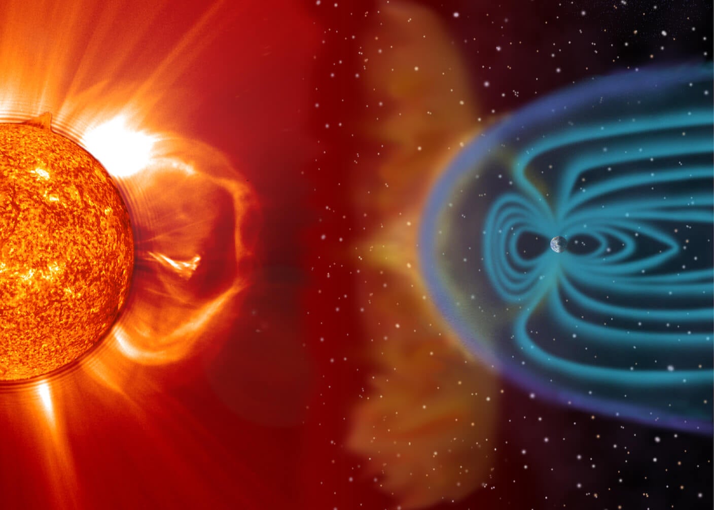 The sun and Earth in space with solar weather impacting the Earth's magnetosphere
