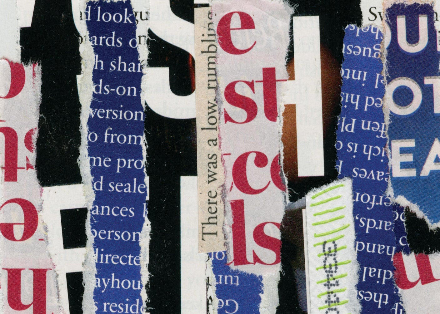Collage of torn up magazine pages with words on them