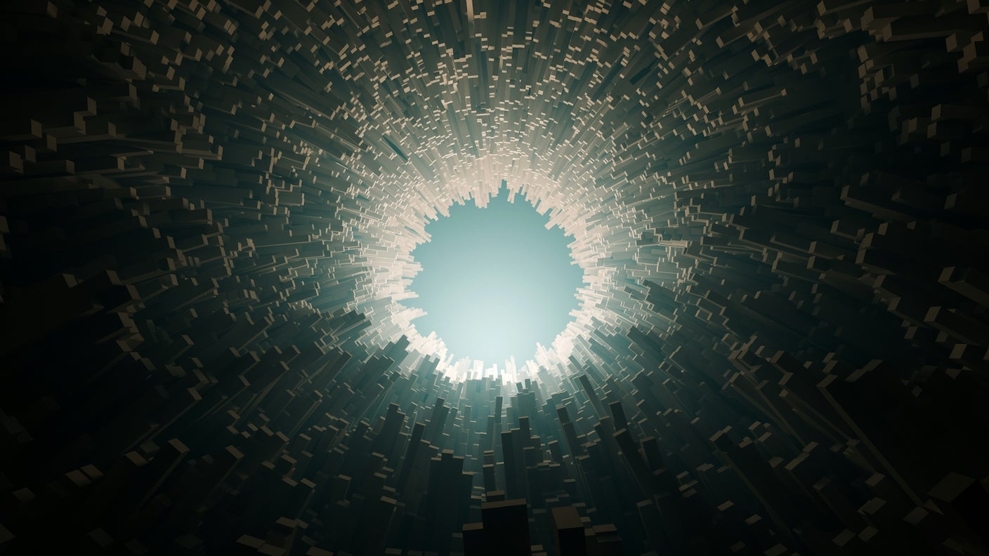 A jagged window on sky with cityscape shapes converging on window