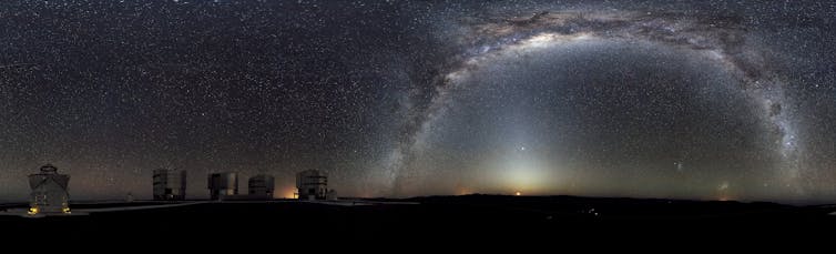 View of the Southern sky shows the Milky Way and (far right, close to horizon) two galactic neighbours, the Small and Large Magellanic Clouds.