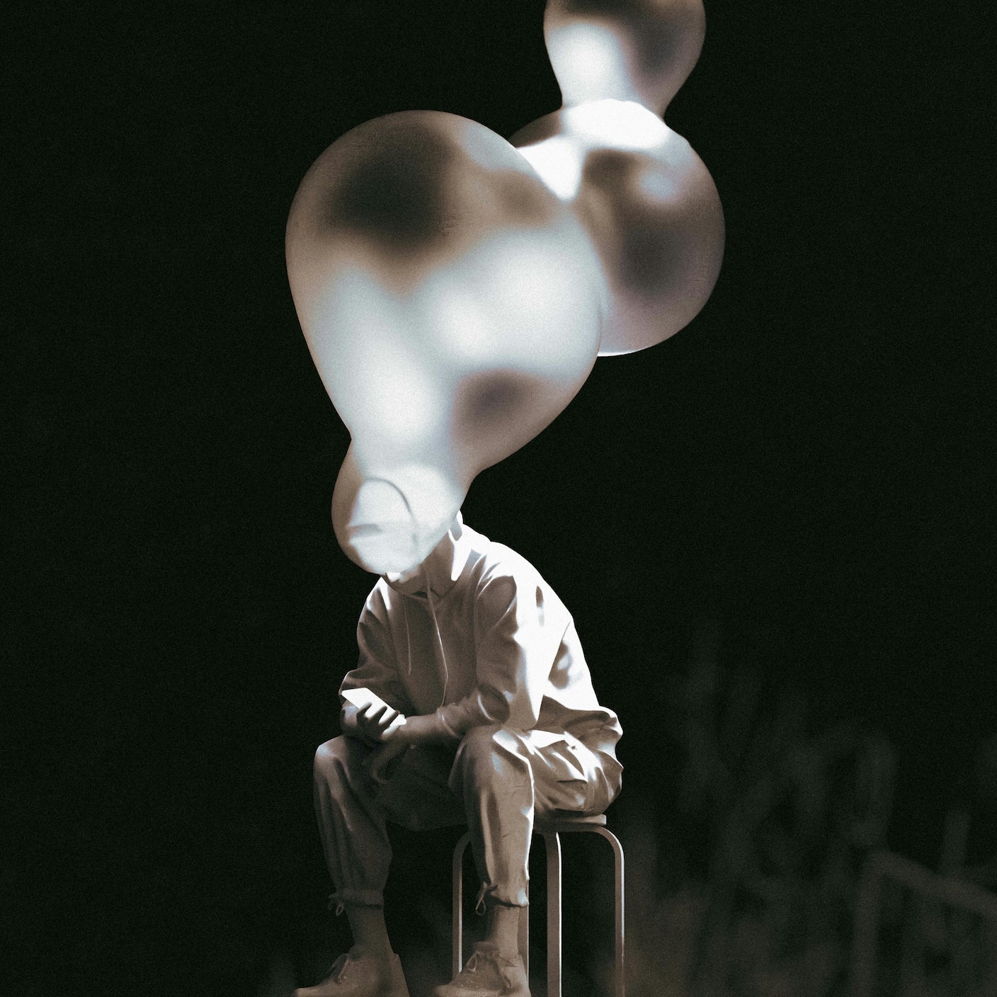 A person sits and reads a smartphone while their mind bubbles away