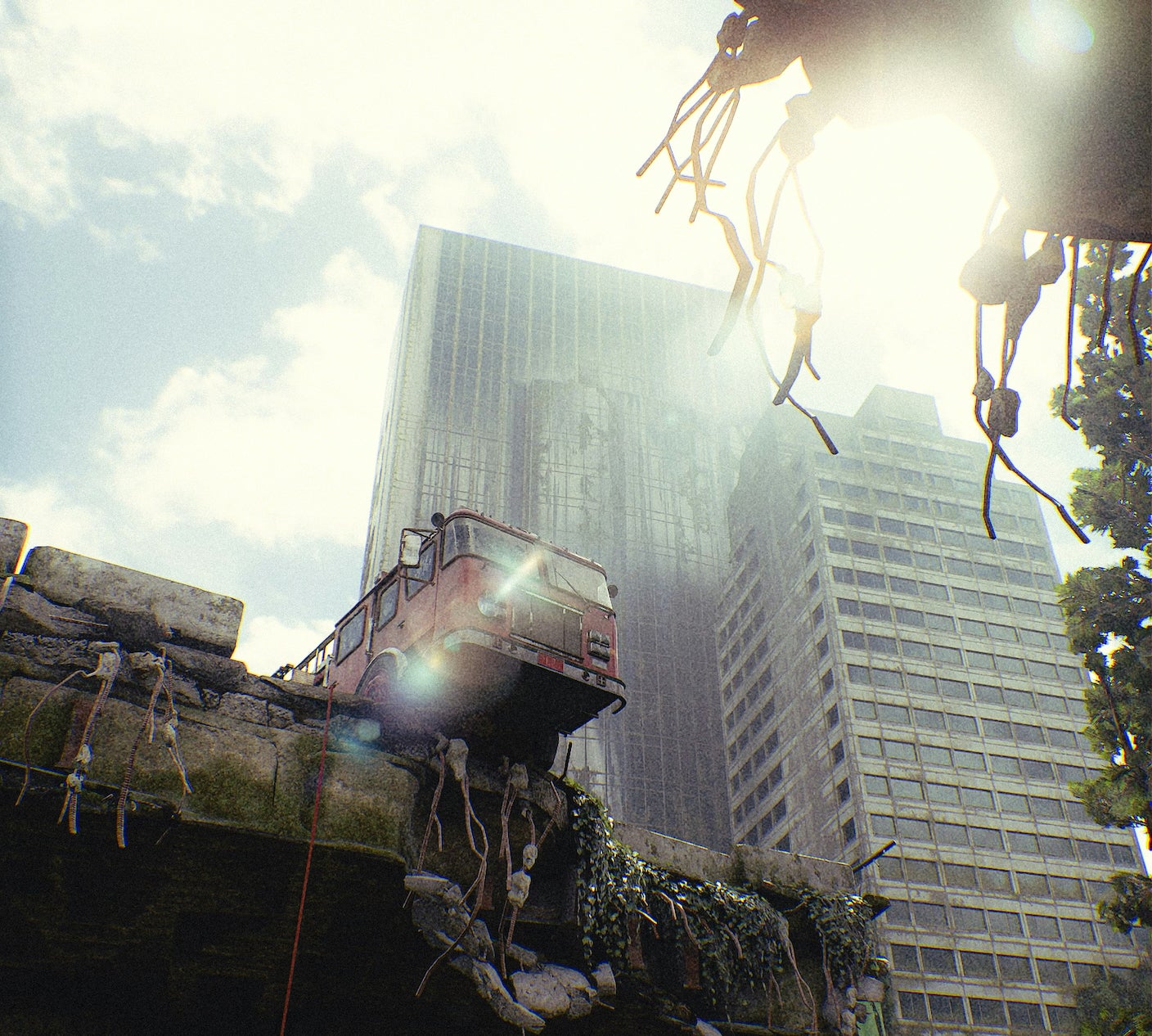 A bus teeters on the edge of a ruined overpass