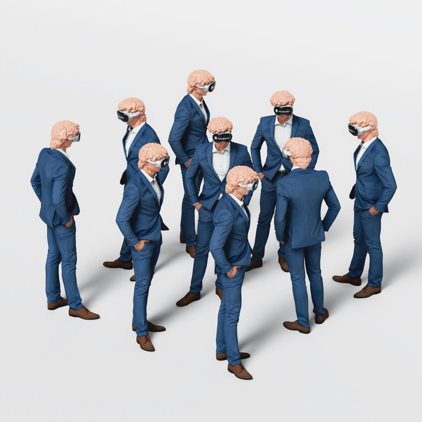 Business AI agents in blue suits in a group
