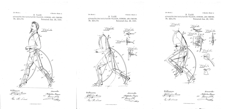 Three line drawings of a man wearing a basic exoskeleton, taken from Nicholas Yagn’s patent for his device.