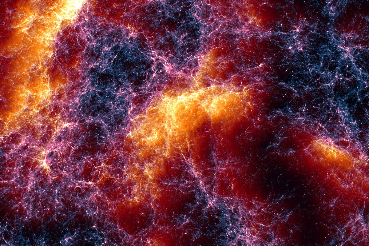 Lumina simulation of a cosmic web, 650 million light-years across. The image shows dark matter and gas from the early universe.
