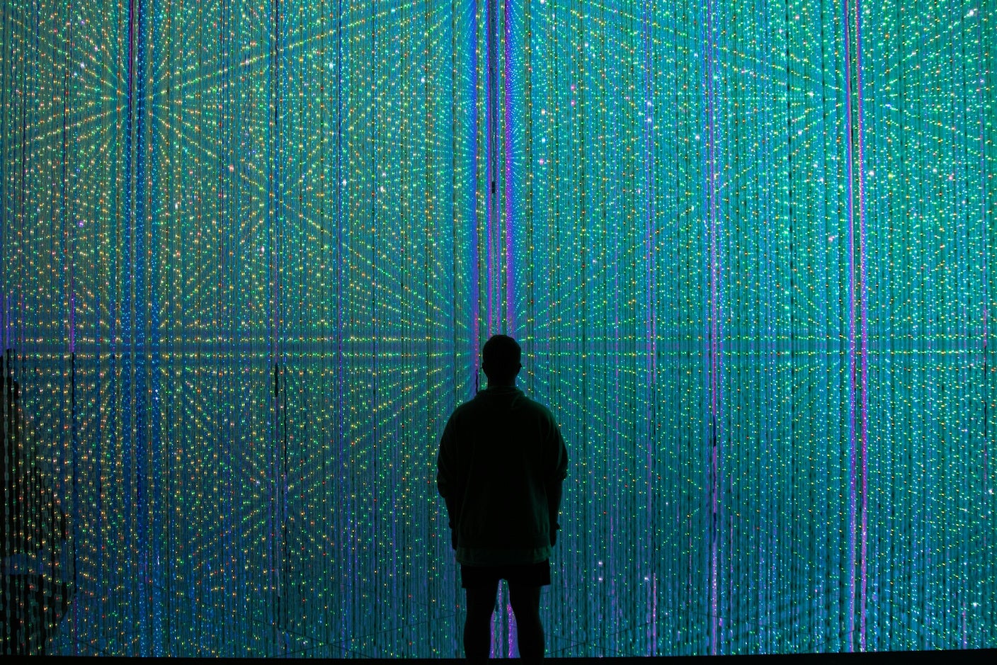 A person is silhouetted by strands of LED lights