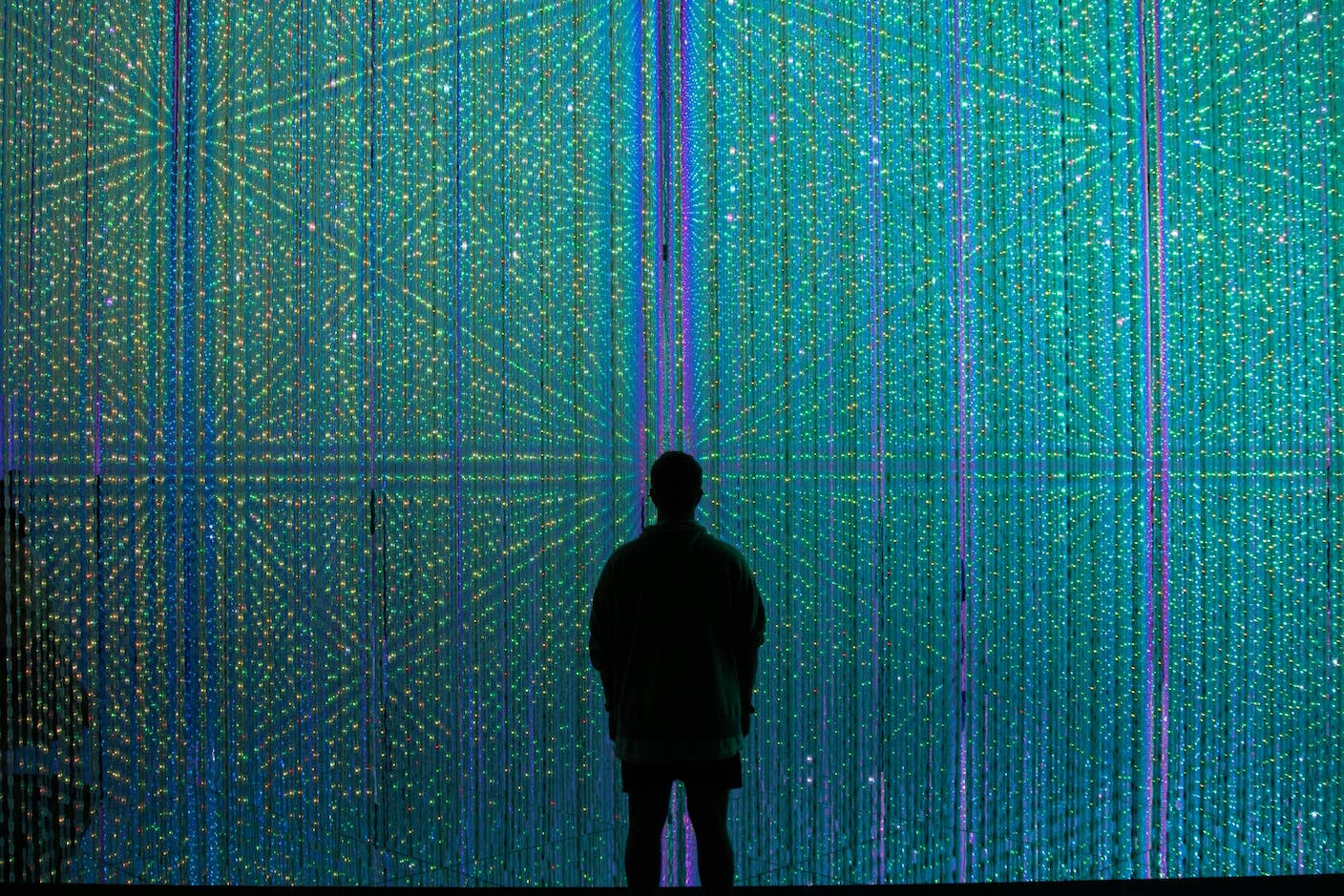 A person is silhouetted by strands of LED lights