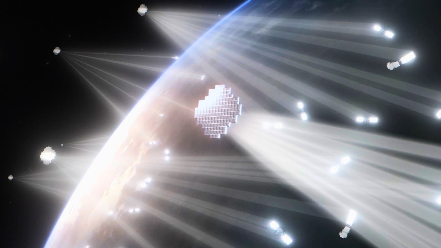 Star Catcher satellites collect solar power, convert it to lasers, and beam energy to satellites in orbit.