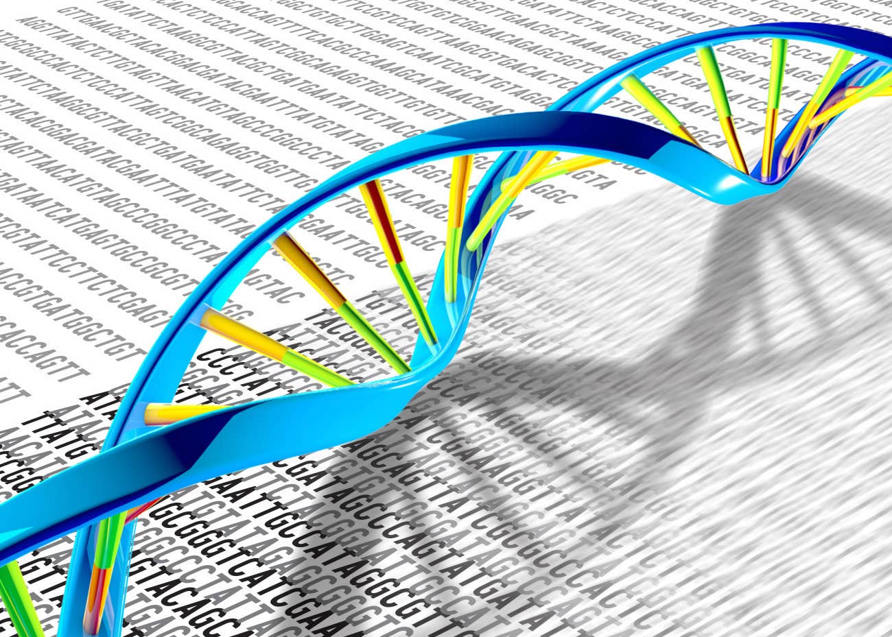 A strand of DNA superimposed on a physical printout of DNA letters
