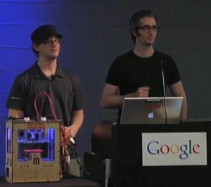 Zack Hoeken (left) and Bre Prentiss (right) and the CupCake CNC (lower left) made a great presentation at Google's New York office.