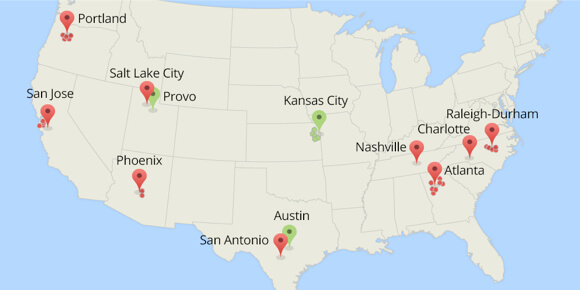 Already in Kansas City, Austin, and Provo, Google Fiber is set to expand. (Current cities in green, potential new cities in red.)