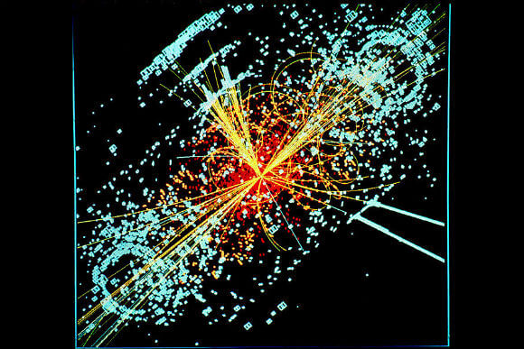 An example of simulated data modelled for the CMS particle detector on the Large Hadron Collider (LHC) at CERN. Here, following a collision of two protons, a is produced which decays into two jets of hadrons and two electrons. The lines represent the possible paths of particles produced by the proton-proton collision in the detector while the energy these particles deposit is shown in blue. 