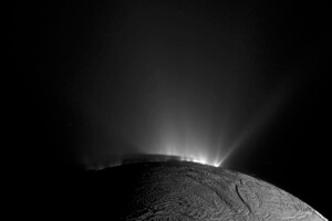 Geysers thought to originate in a subsurface sea erupt into space on Saturn's moon Enceladus. 