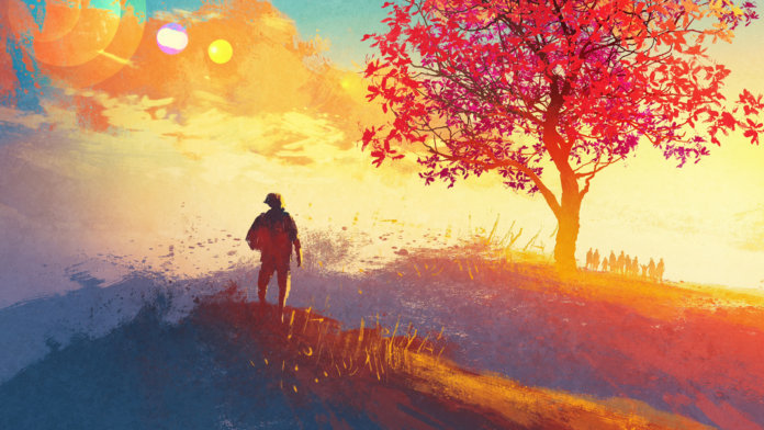 virtual-reality-filmmaking-illustration-sunset-man-staring-surreal-tree