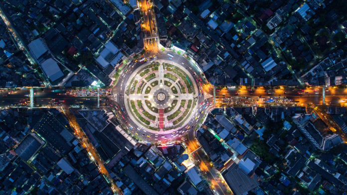 Aerial view city roundabout