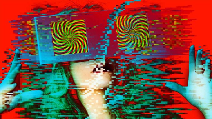 woman with video screens over eyes abstract
