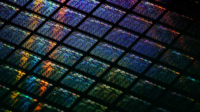 detail of silicon wafer containing microchips