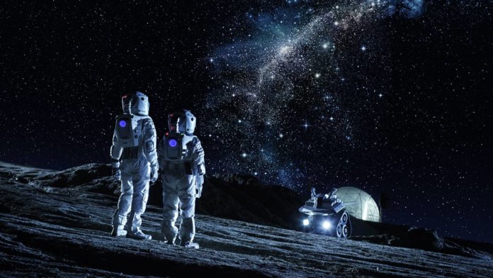 two astronauts space suits stand on moon