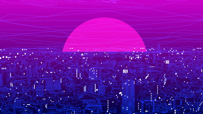 pink sunrise purple city illustration